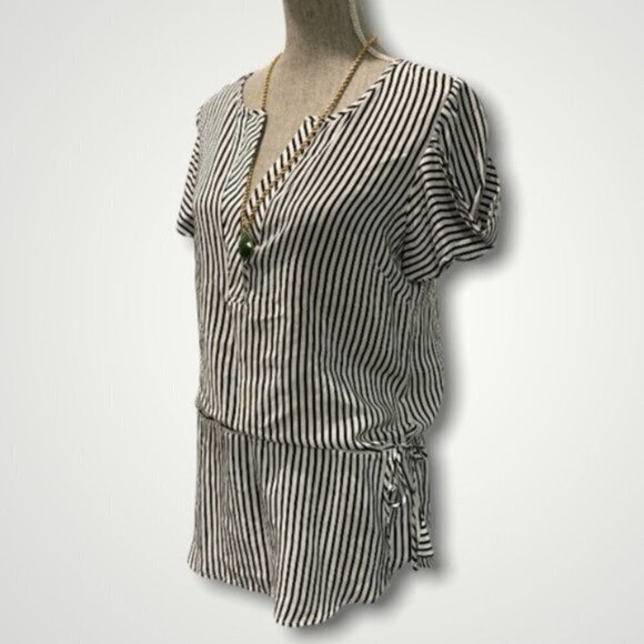 Bcbg White/Black Striped Silk Short Sleeve Blouse tunic - Picture 9 of 15